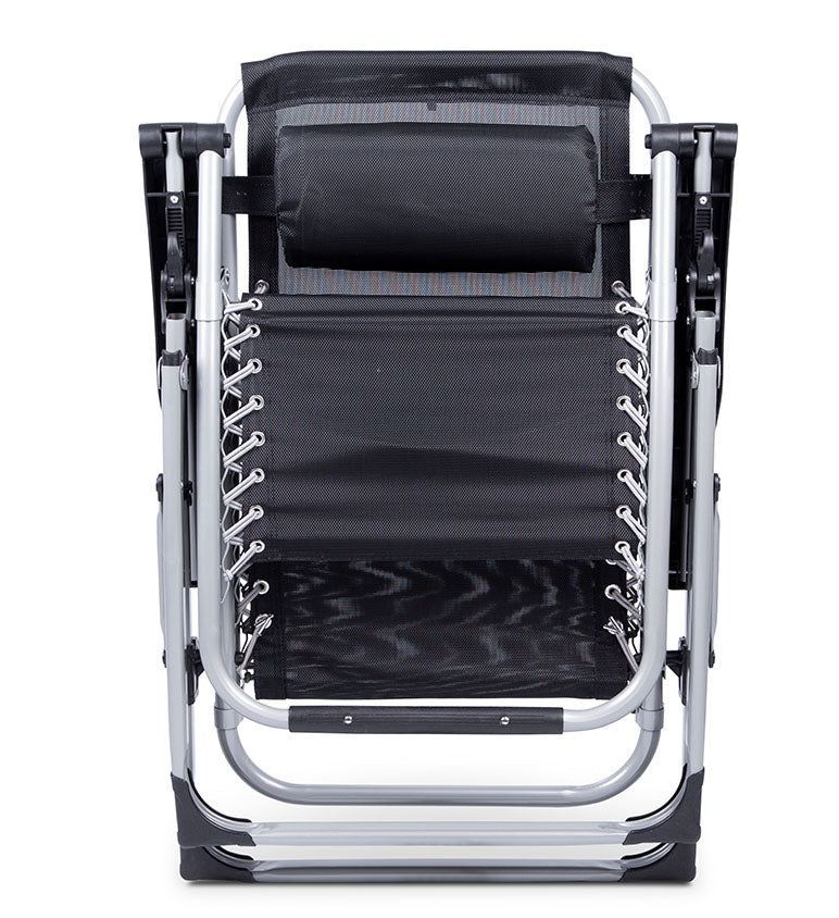 Zero gravity folding chair in black with adjustable headrest, ergonomic design, foldable for outdoor and indoor relaxation.