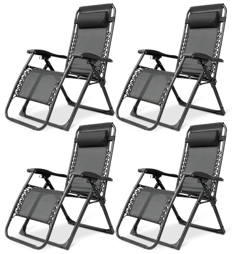Zero gravity folding chair in black with adjustable headrest, ergonomic design, foldable for outdoor and indoor relaxation.
