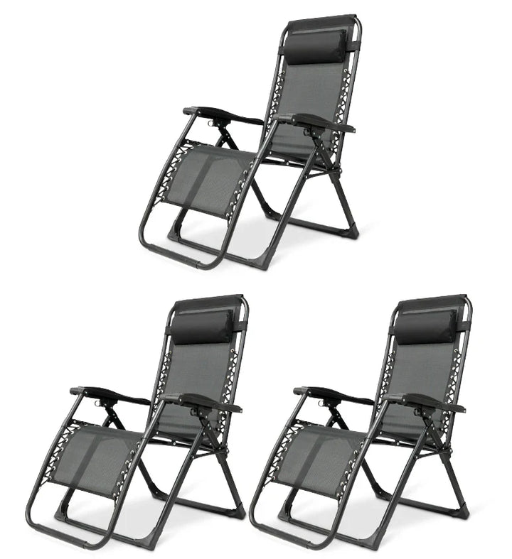 Zero gravity folding chair in black with adjustable headrest, ergonomic design, foldable for outdoor and indoor relaxation.
